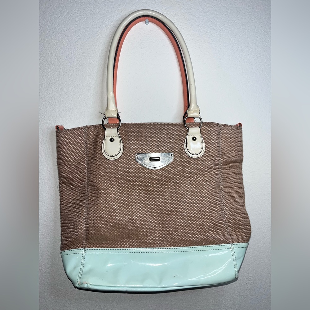 Kohl's Apt.9 Janet Style Woven Basket Weave Rattan Coral Teal Shoulder Tote Bag